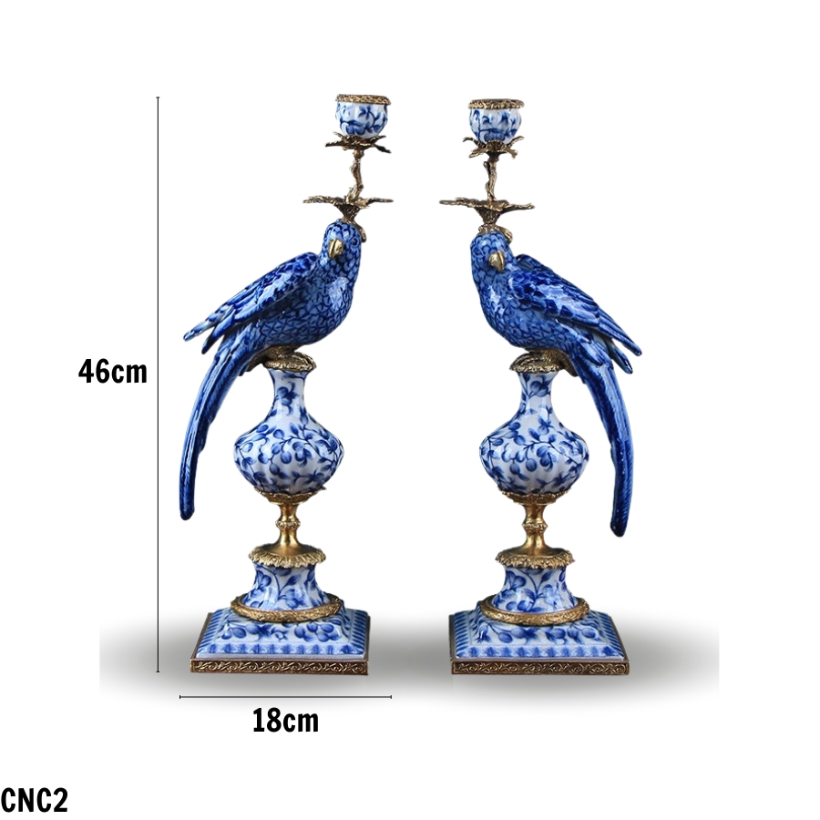 Cặp chân nến hình chim vẹt lông xanh bằng men sứ rạn phong cách tân cổ điển sang trọng
