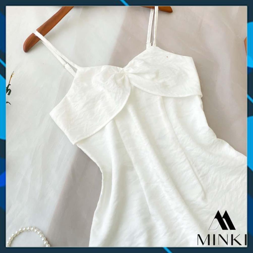 Váy Hai Dây Nhún Nơ Ngực - Chất Liệu Cotton Lụa Cao Cấp - Hai Màu Cam/ Trắng