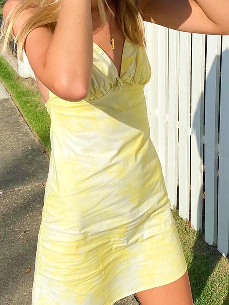 Sexy Women Tie-Dye Print Dress V Neck Spaghetti Strap Sleeveless Bandage Bodycon Party Nightclub Mini Dress