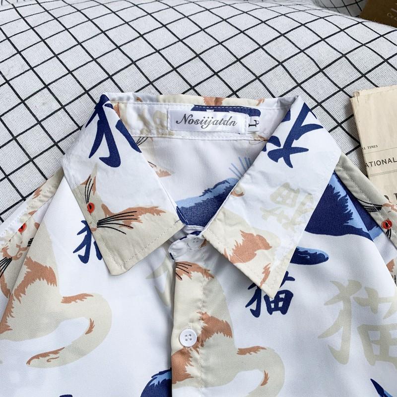 Áo Sơ Mi Nam Tay Ngắn Dáng Rộng In Hình Mèo Thời Trang