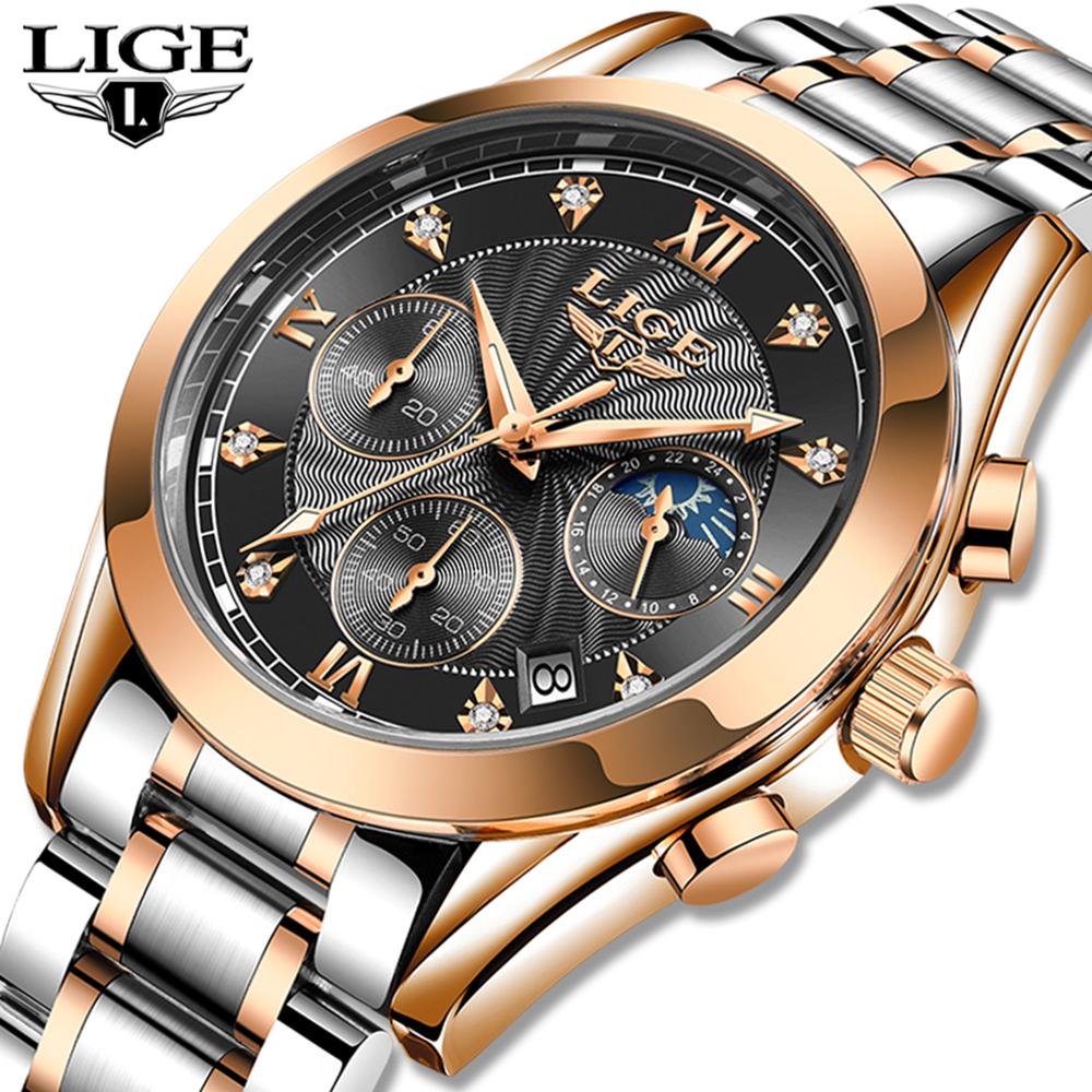 Đồng hồ nam thạch anh LIGE tinh tế hiển thị thời gian và lịch Chronograph Con trỏ dạ quang 30M Chống thấm nước - Bạc & Xanh lam - Dây da