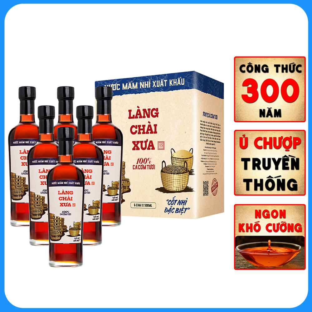 Nước mắm nhỉ Làng Chài Xưa xuất khẩu nhãn xanh thùng 6 chai thủy tinh 500ml cốt nhỉ đặc biệt vị dịu nhẹ gu Việt Kiều giới trẻ thành thị nước mắm nguyên chất sạch nước mắm nhĩ từ thùng lều gỗ 100% cá cơm tươi muối tinh khiết chuẩn xuất khẩu