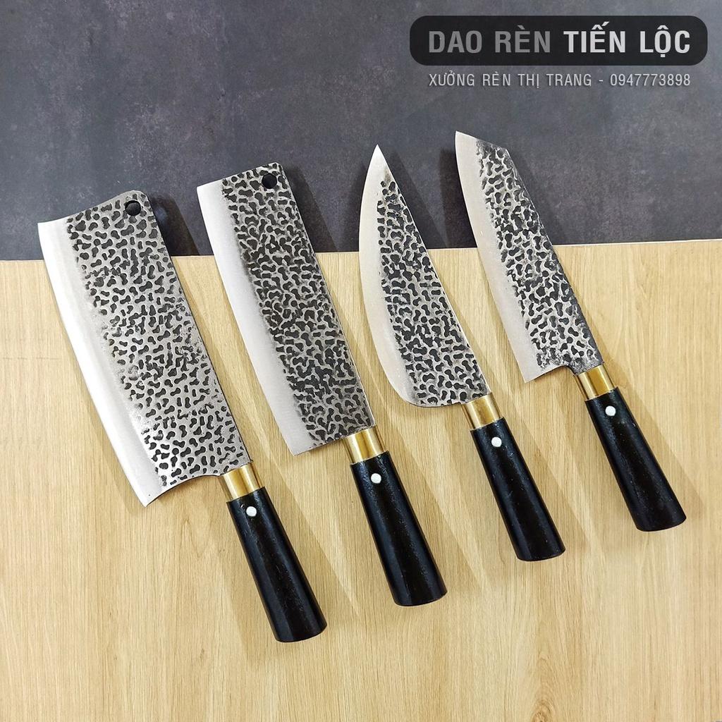 Bộ Dao Nhà Bếp 4 Món Thép Nhíp Ô Tô - Lưỡi Dập Vân Chống Dính 2 Mặt