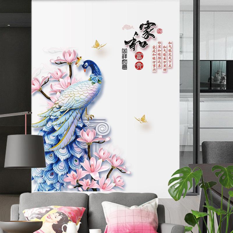 Decal dán tường Chim công xanh và hoa 3D
