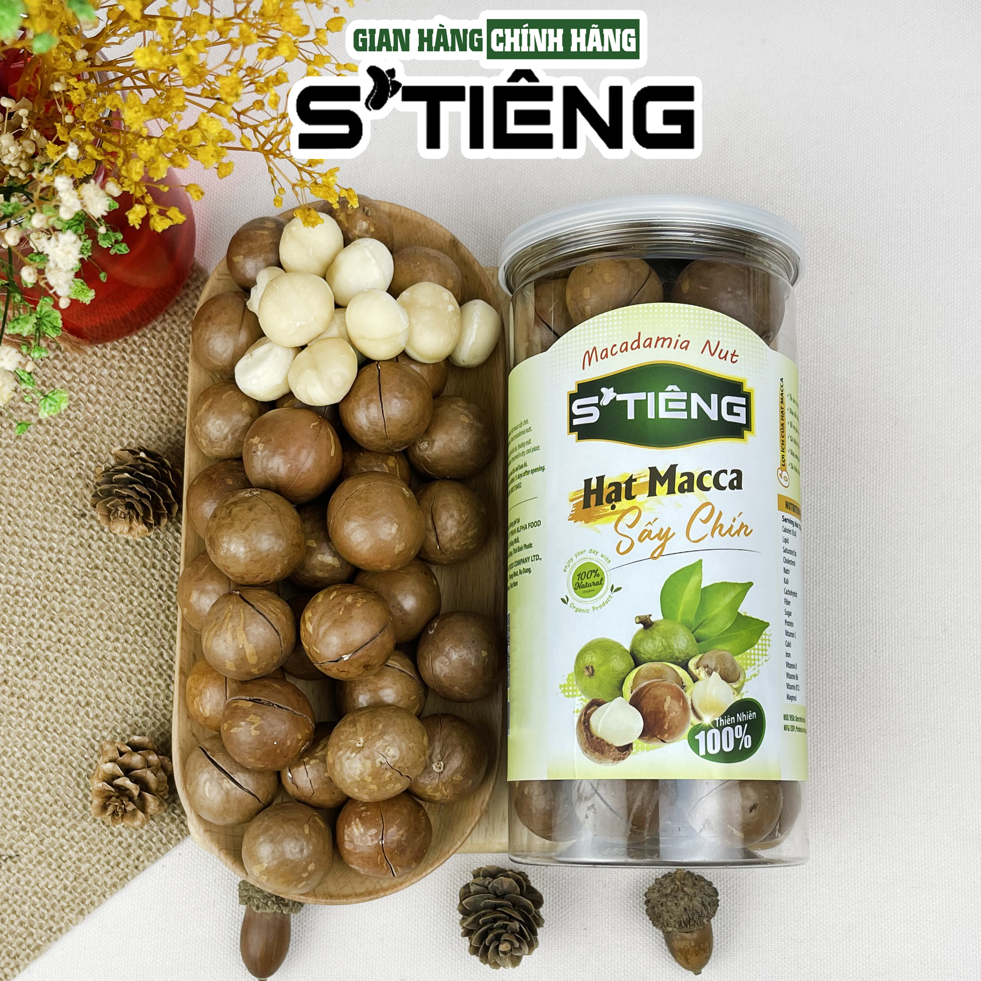 500Gr Hạt Macca Nứt Vỏ Sấy Chín S'TIÊNG Giòn Ngon Hộp Pet