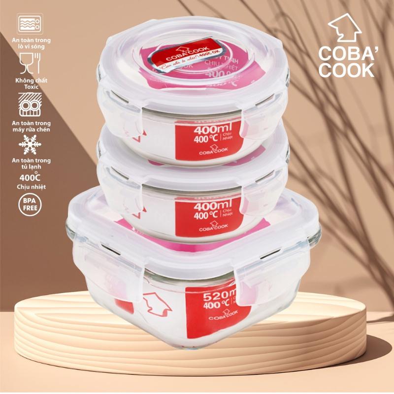 Bộ 3 hộp thủy tinh trữ thực phẩm chịu nhiệt 1 vuông 520ml 2 tròn 400ml COBA'COOK-CCS5R43