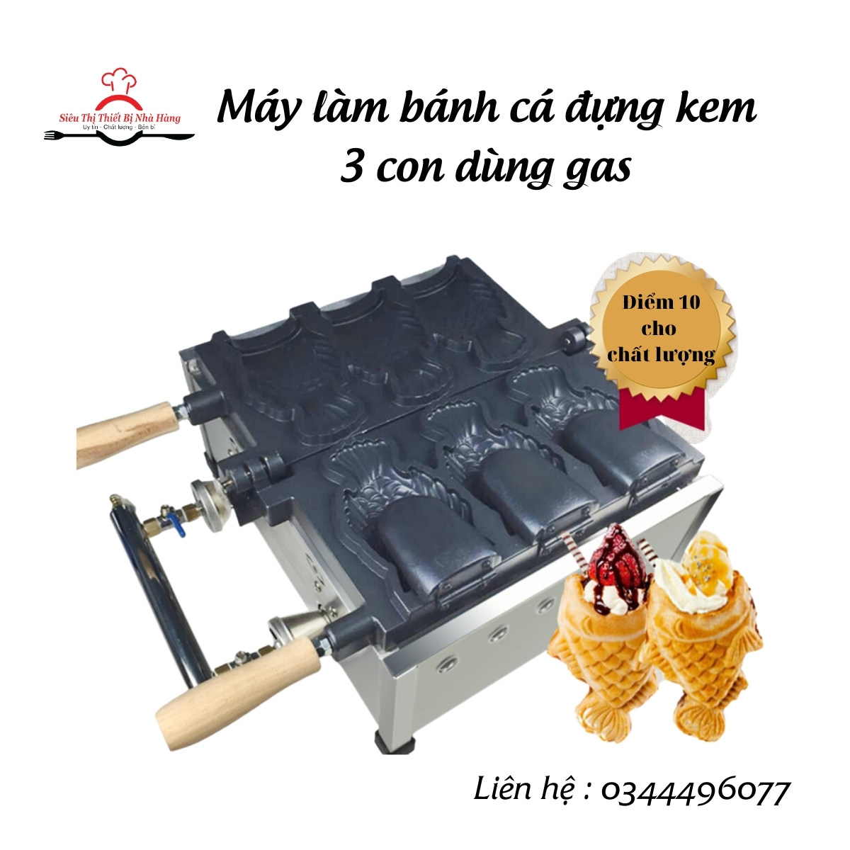 [Dùng gas] Máy làm bánh cá đựng kem 3 con dùng gas, Máy làm bánh hình con cá TAIYAKI mặt máy chống dính, chất lượng