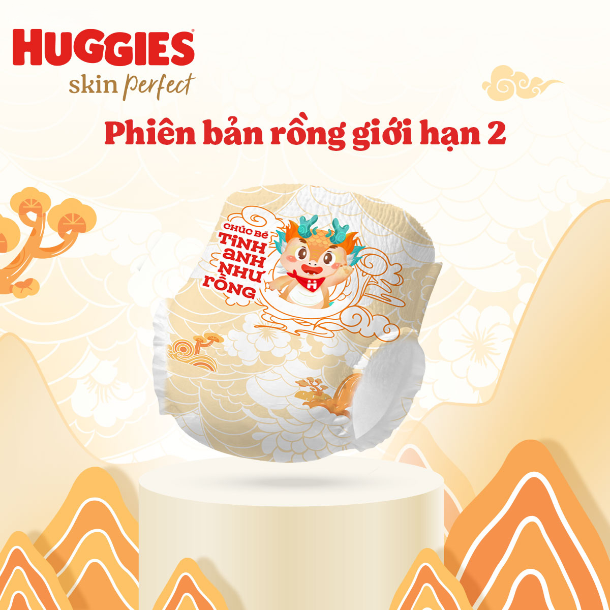 Tã quần Huggies Skin Perfect phiên bản Rồng giới hạn Super Jumbo L60+6 miếng với 2 vùng thấm giảm kích ứng da