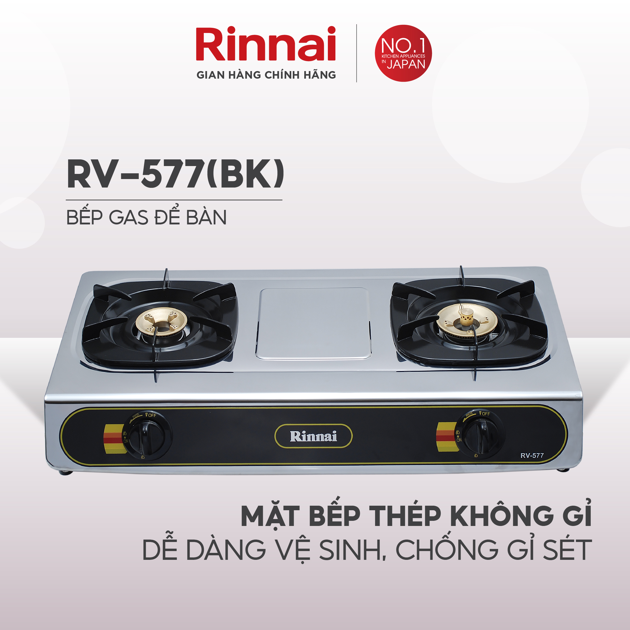 Bếp gas dương Rinnai RV-577(BK) mặt bếp inox và kiềng bếp men - Hàng chính hãng.