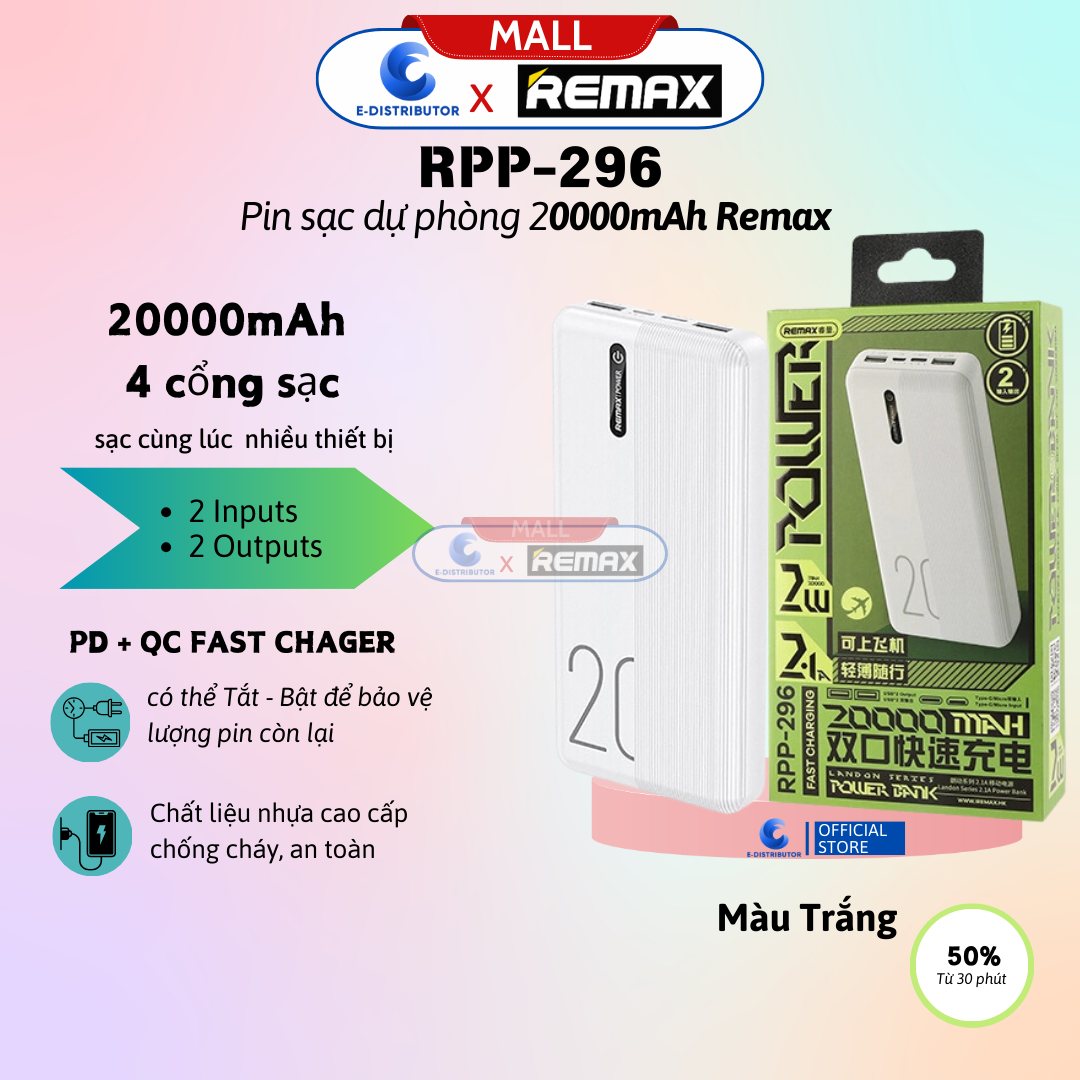 Sạc dự phòng Remax 20000mAh RPP-296 - Hàng Chính Hãng - Bảo Hành 12 Tháng