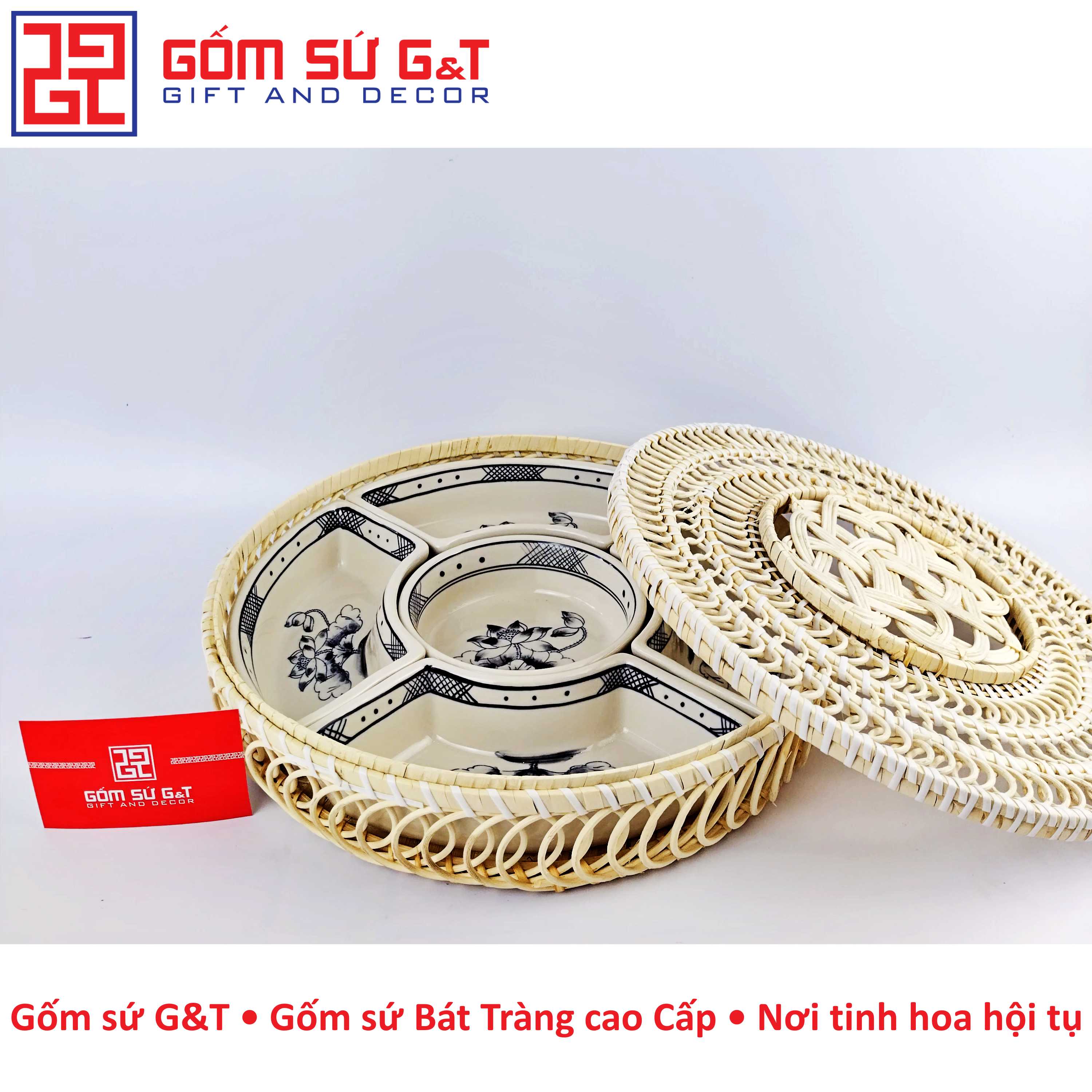 Khay mứt tết vẽ hoa sen Gốm Sứ G&amp;T