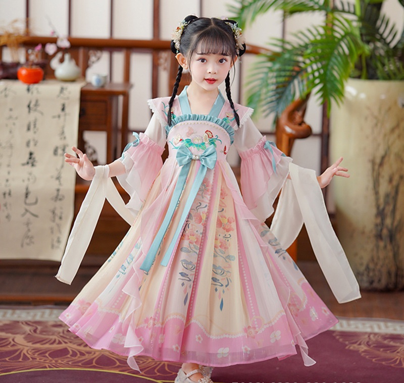 Đầm váy công chúa cổ trang hanfu thêu hoa cho bé gái diện lễ tết trung thu đẹp size 100-160kg hàng Quảng Châu