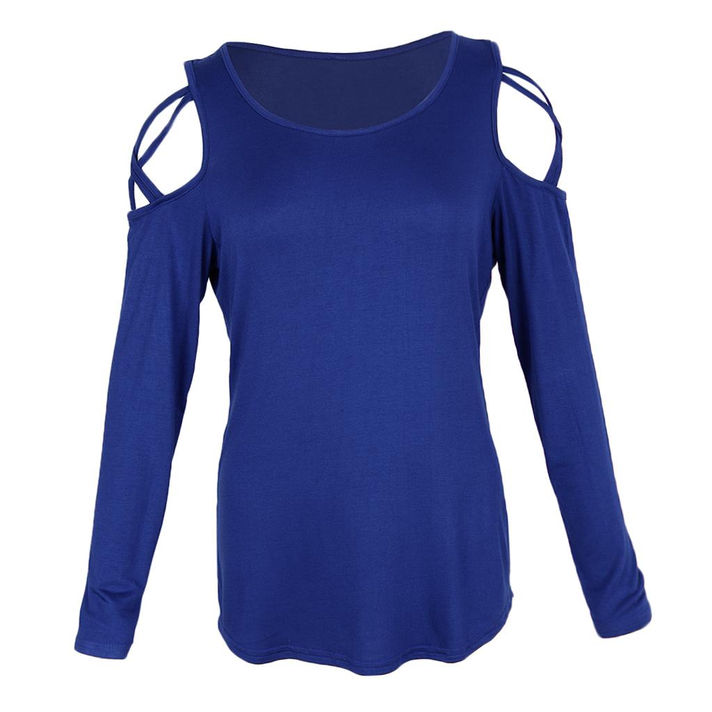 Women Solid Strappy Cold Shoulder Tops Long Sleeves T Shirt Blouse