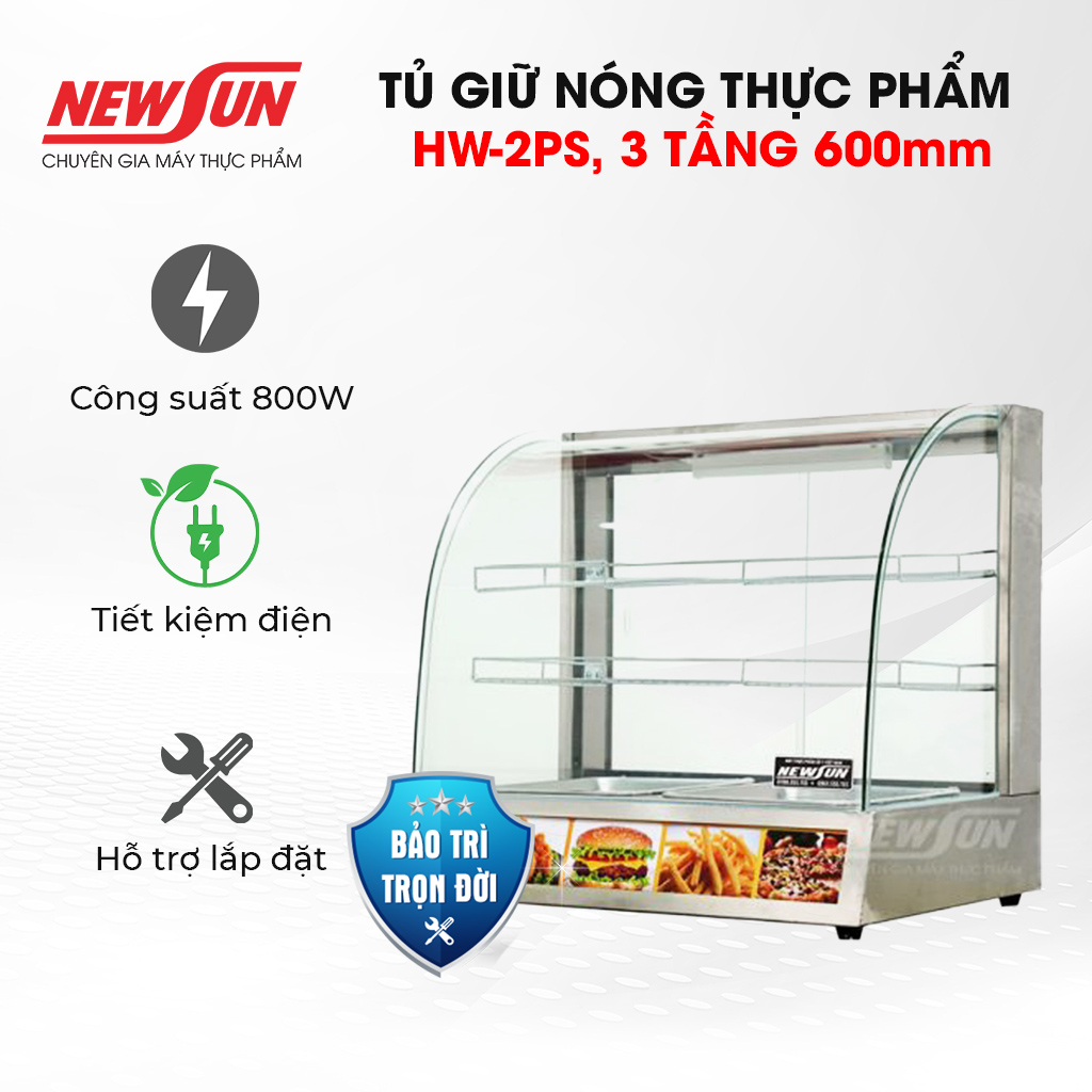 Tủ giữ nóng thực phẩm trưng bày gà rán 2PS thiết kế 3 tàng kính cong NEWSUN - Hàng chính hãng