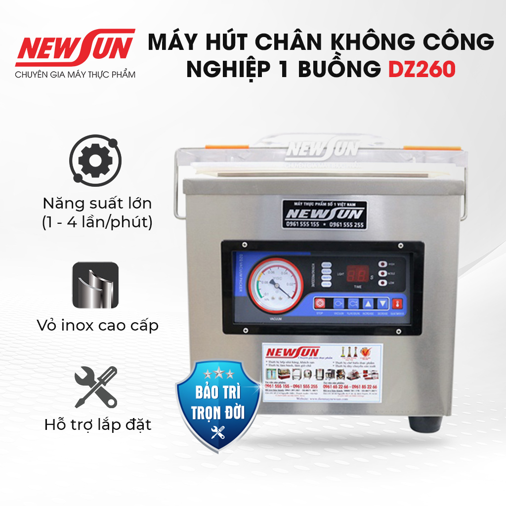 Máy Hút Chân Không, Đóng Gói Thực Phẩm Công Nghiệp 1 Buồng DZ260 NEWSUN - Sản Lượng 100-200 Túi/ Giờ - Hàng Chính Hãng