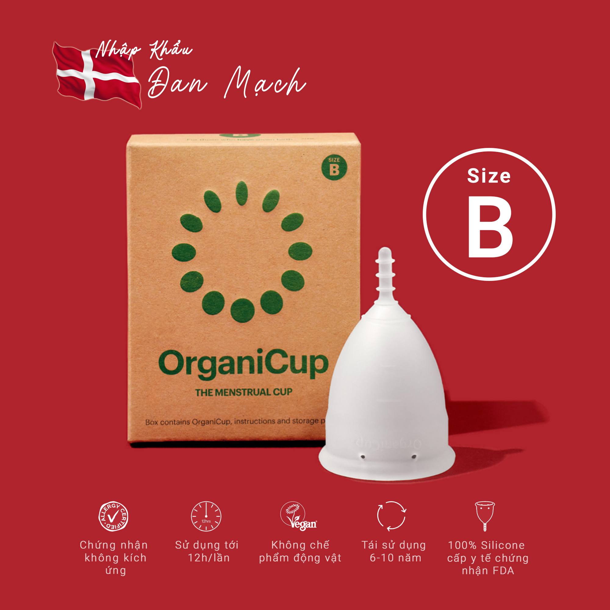Cốc nguyệt san Organicup - Size B - NHẬP KHẨU ĐAN MẠCH - 100% silicone cấp Y tế - Chứng nhận FDA, Allergy, Vegan - không chất tạo màu, tạo mùi.