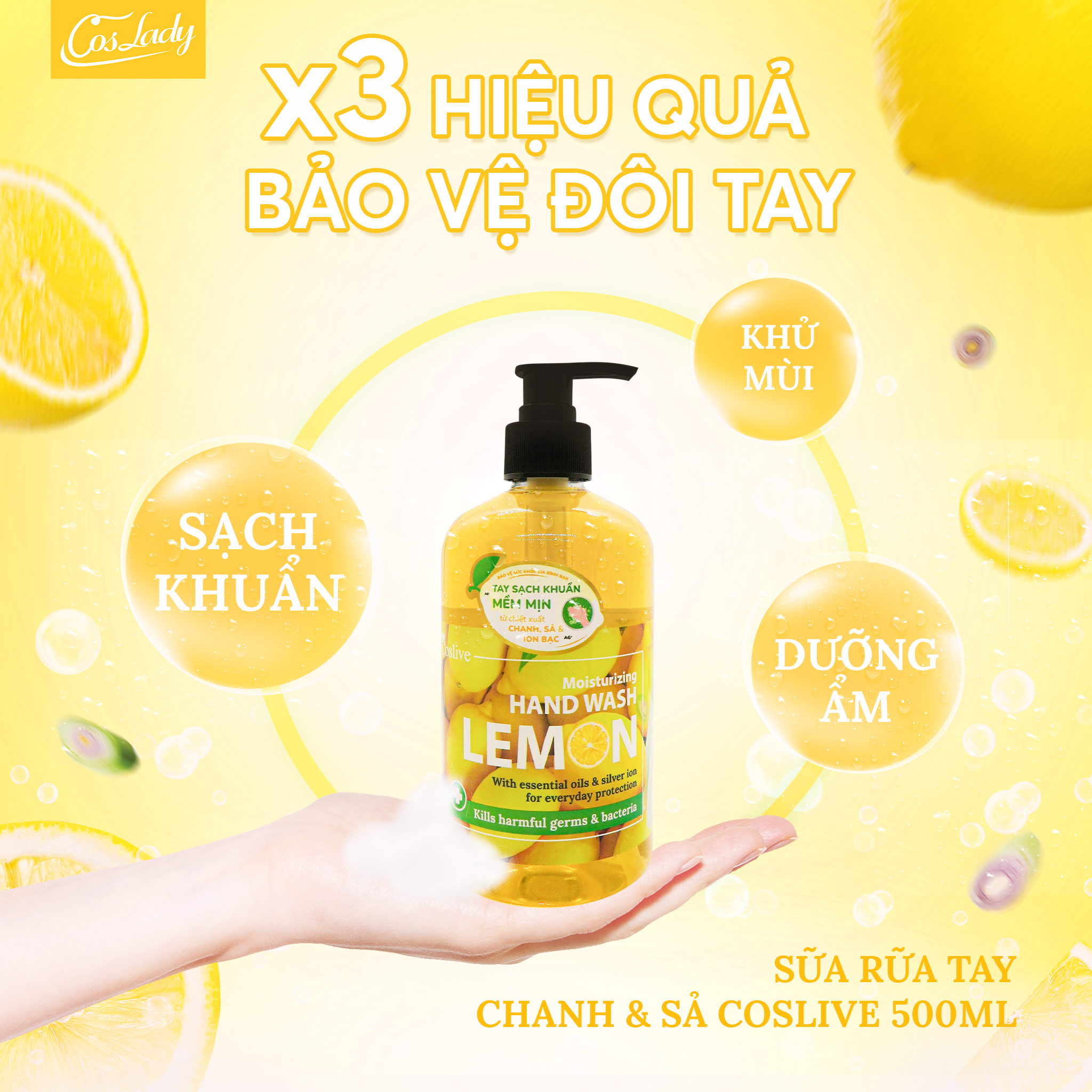 Sữa Rửa Tay Khử Mùi Kháng Khuẩn Tinh Chất Chanh Xả COSLIVE 500ml