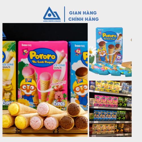 Bánh kem ốc quế Pororo Hàn Quốc 54g, bánh ăn vặt cho bé đủ vị chuối socola dâu sữa chua An Gia Sweets Snacks