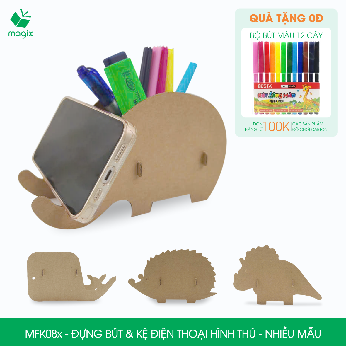 MFK08.CB01 - Combo 4 hộp đựng bút & kệ điện thoại lắp ghép giấy carton hình thú - con voi, nhím, khủng long, cá voi