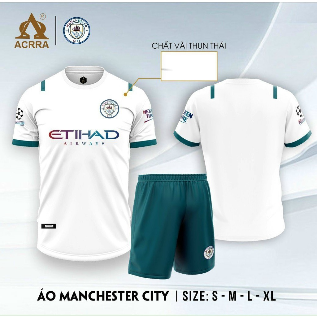 Bộ Quần Áo Đá Bóng Manchester ctity - ETIHAD áo trắng quần xanh - In logo tên số