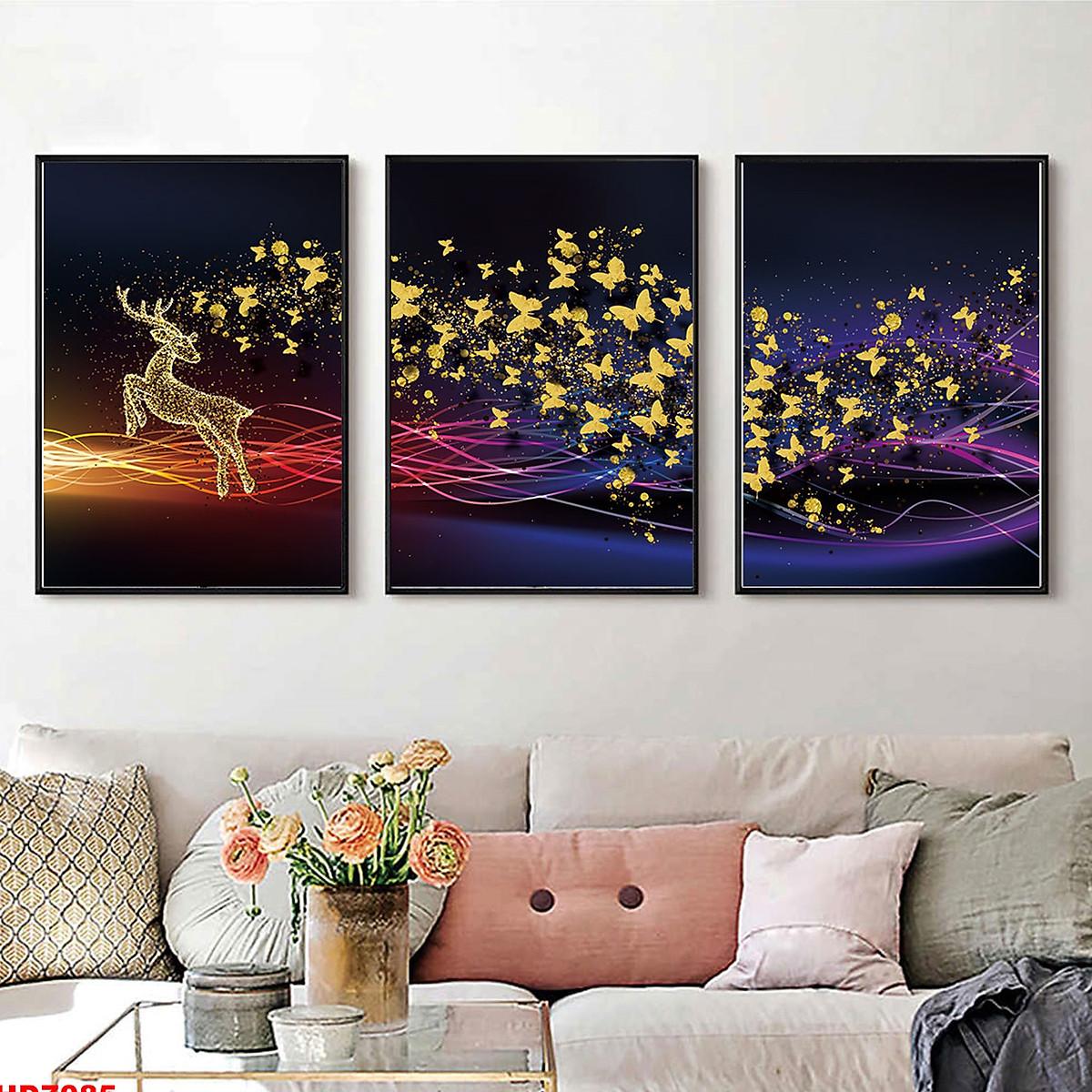 Tranh Tráng Gương Sang Trọng Treo Tường Hiện Đại _ Tranh Pha Lê Bộ 3 Chú Hươu Và Đàn Bướm Siêu Đẹp