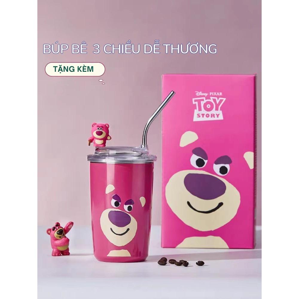Ly giữ nhiệt gấu dâu Lotso, cốc uống nước giữ nhiệt có tặng kèm ống hút dung tích 450ml chất liệu inox không thấm mồ hôi