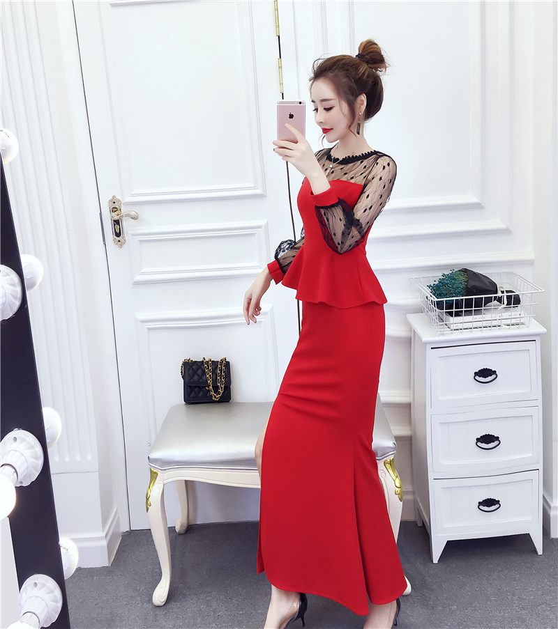 Đầm dạ hội body peplum phối lưới bi cao cấp - D86277