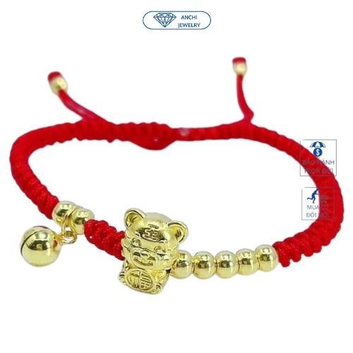 Vòng tay dây bện chỉ đỏ charm hổ( mèo thần tài) bạc ta mạ vàng may mắn, Anchi jewelry