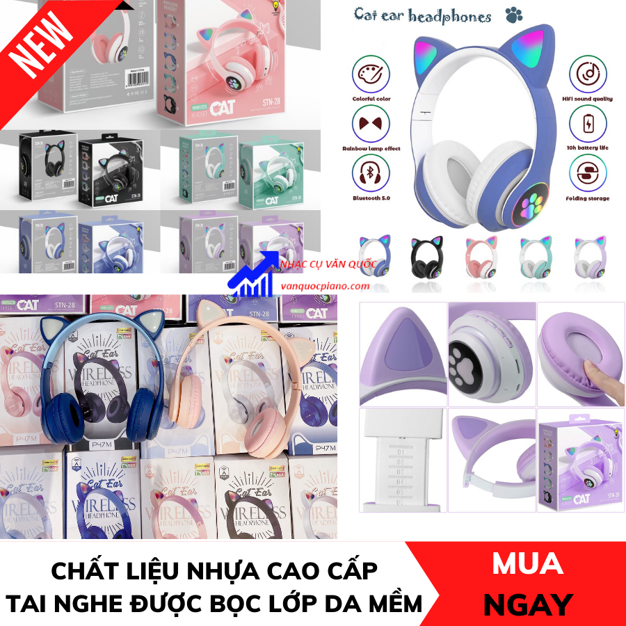 Tai Nghe Chụp Tai Bluetooth STN28 Không Dây Tai Mèo Đáng Yêu Có Đèn LED