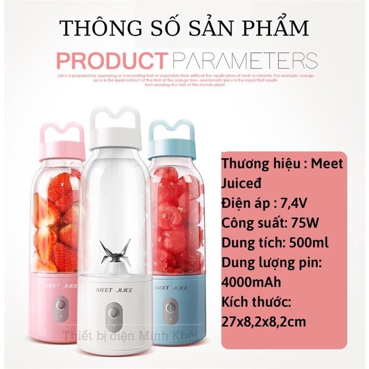 Máy xay sinh tố mini cầm tay Meet Juice 500ml tặng túi đá giữ nhiệt 24H, máy xoay hoa quả