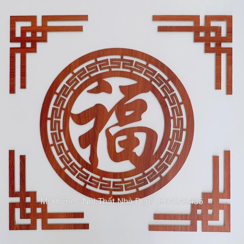 Bộ chữ Phúc, hoa sen, hoa văn trang trí bàn thờ màu đỏ cánh gián .