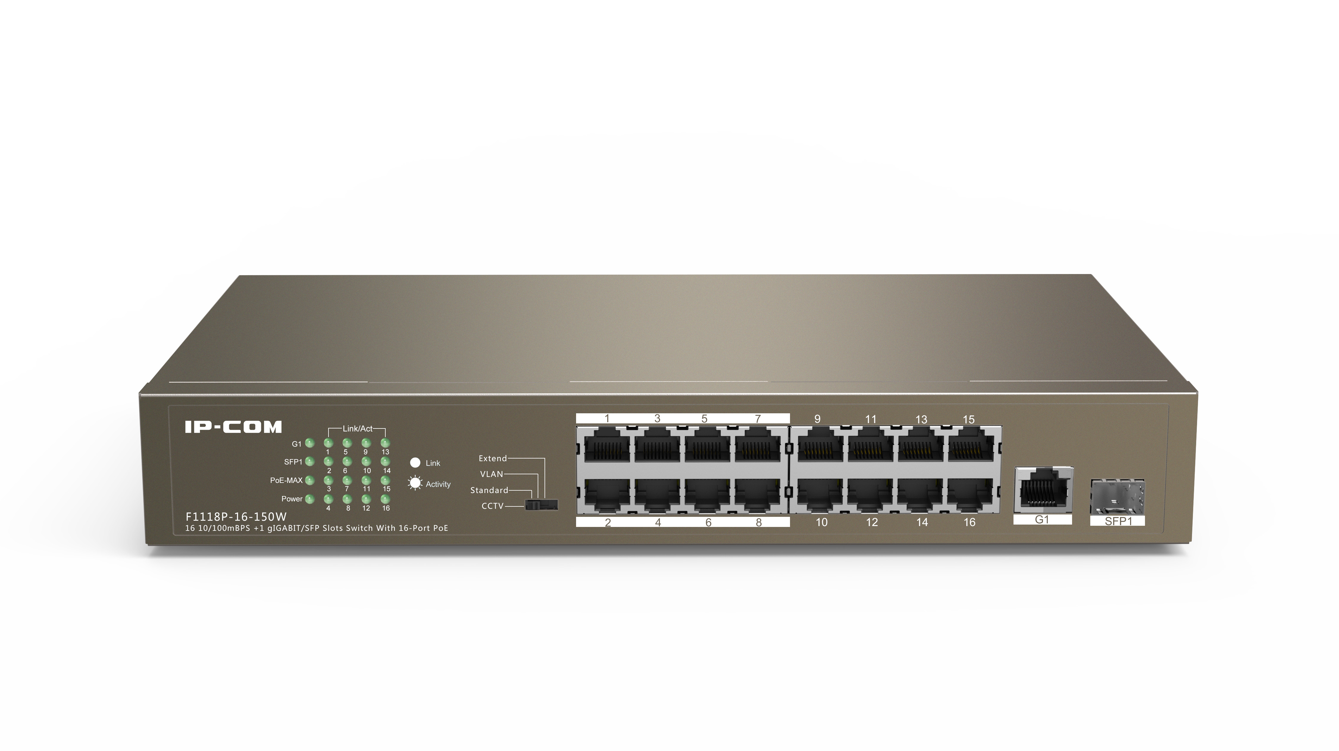 Switch 16 port PoE 10/100 Mbps IP-COM F1118P 150W, Comb 1 cổng SFP+ 1 cổng Uplink Gigabit - Hàng chính hãng