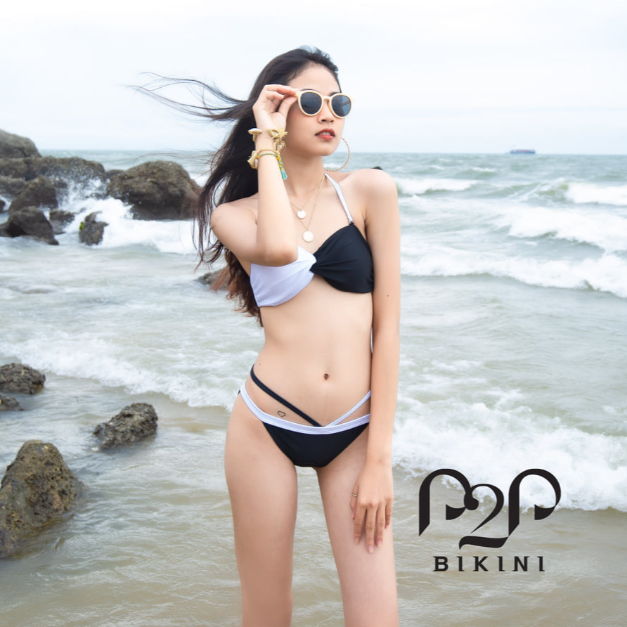 P2P BIKINI - Bikini hai mảnh cột dây, quần tam giác phối dây trắng đen - BTK350M_TG1