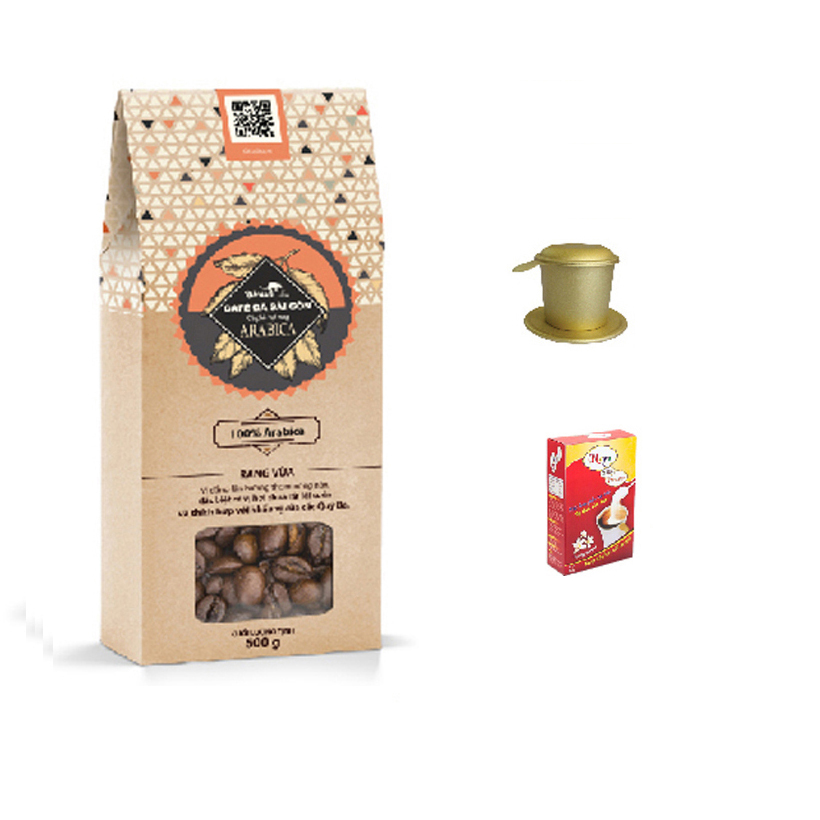 Combo: cà phê hạt rang Arabica + bột kem pha cà phê + phin cà phê cao cấp