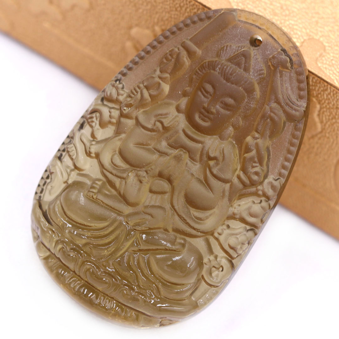 Mặt Phật Quan âm nghìn tay nghìn mắt đá obsidian  1.9cm x 3cm  kèm vòng cổ dây cao su nâu + móc inox vàng, Mặt Phật Quan âm