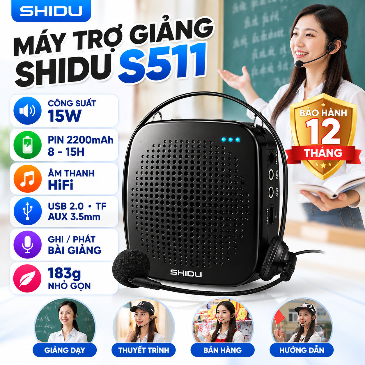 MÁY TRỢ GIẢNG SHIDU SD-S511 CÓ DÂY 15W PIN 2200MAH HIFI ÂM THANH. Loa trợ giảng Shidu S511 – Công suất 15W, Tần số 50Hz – 17KHz, Kết nối đa dạng USB Thẻ nhớ gắn ngoài AUX, Pin Lithium 2200mAh 10-15 tiếng sử dụng, Bảo Hành 12 Tháng. Hàng Chính Hãng