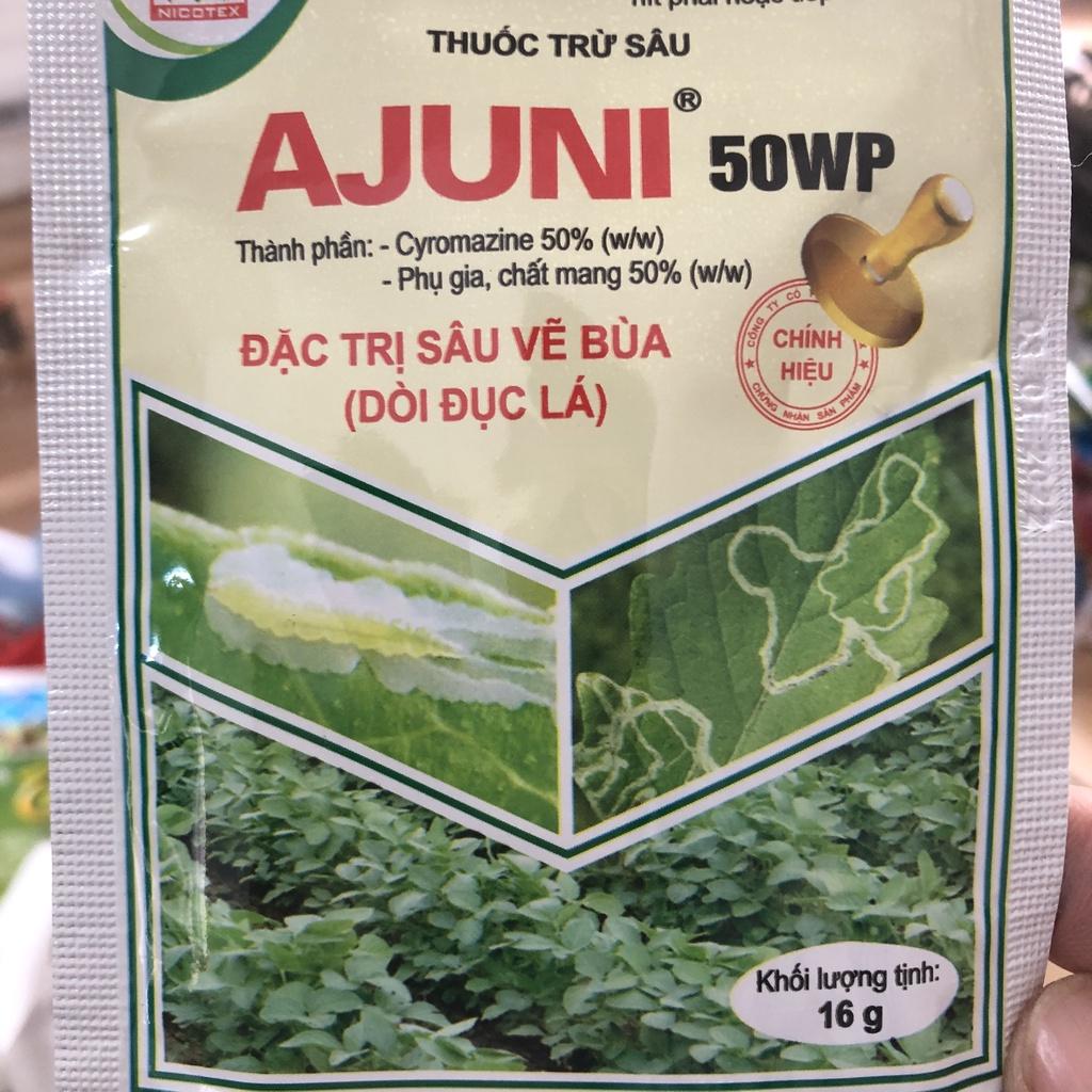 Đặc hiệu trừ sâu vẽ bua , dòi đục lá Ajuni 50wp 16g. Dùng cho các loại cây trồng, hoa cây cảnh, rau màu, ăn trái