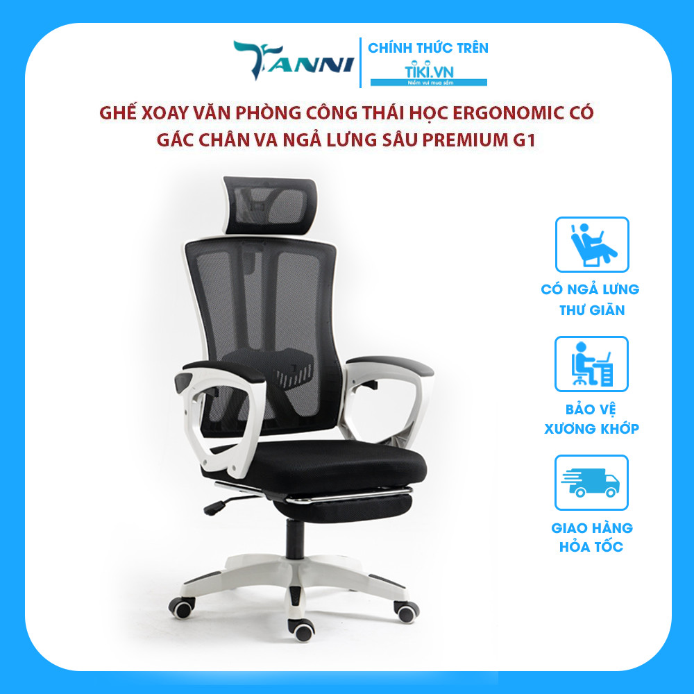 Ghế Xoay Văn Phòng Công Thái Học Ergonomic Có Gác Chân Và Ngả Lưng Sâu Premium G1 Plus , Ghế Xoay Gaming Cao Cấp Nhập Khẩu