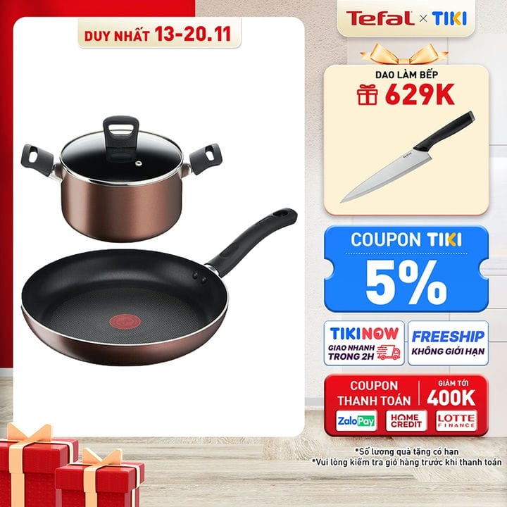 Bộ 2 nồi chảo chống dính đáy từ Tefal Day by Day dùng cho mọi loại bếp (nồi 20cm, chảo 28cm) - Hàng chính hãng