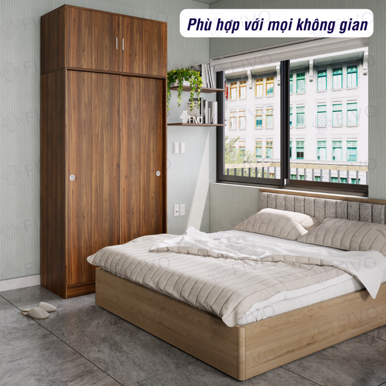 Tủ Áo Quần Cửa Lùa Sang Trọng Gỗ MDF Lõi Xanh Chống Ẩm FC31 FIVO Màu Walnut Ấm Cúng Cho Phòng Ngủ, Thiết Kế Rộng Rãi