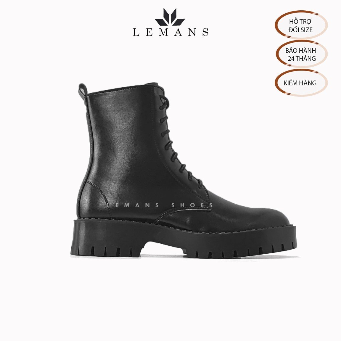 Giày da bò Chunky COMBAT Boots LEMANS nam - Đế Chunky cao 4.5cm - Khóa YKK - Bảo hành 24 tháng