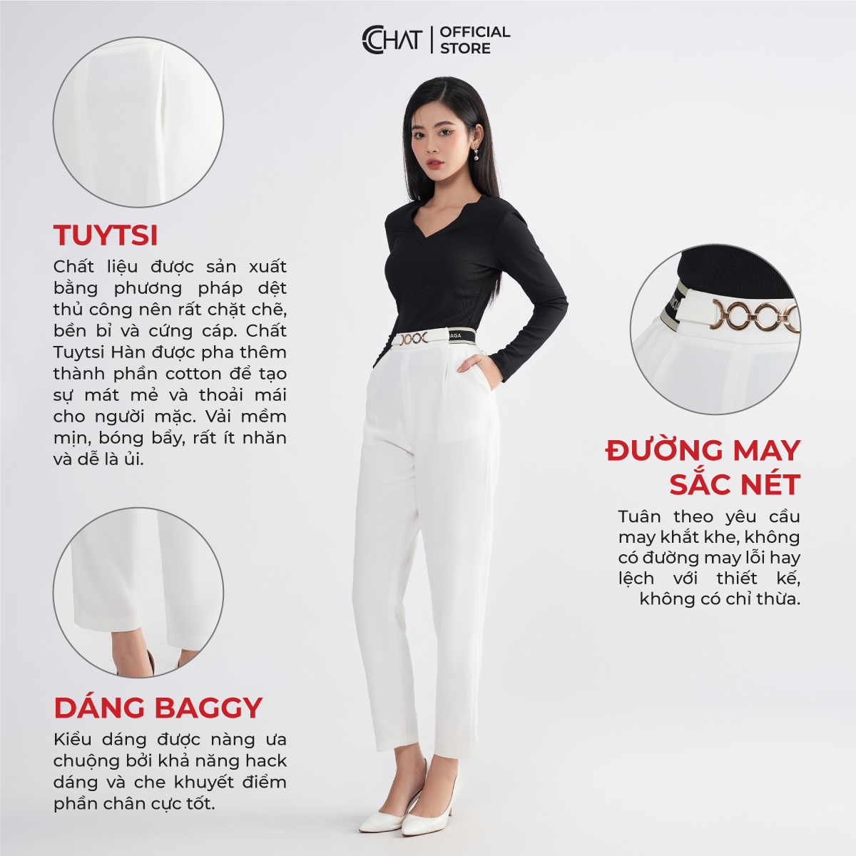 Quần Baggy Nữ  Kiểu Cạp Chun Phối Đai Xích Chất Tuytsi Mềm Mịn 22QDS2008BT