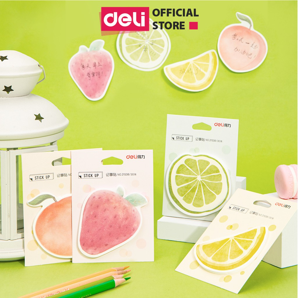 Giấy nhớ giấy nhắn note hình hoa quả trái cây đáng yêu Deli - Đào/ Chanh/ Dâu/ Cam - Phù hợp cho học sinh, văn phòng - 110x80mm - 21538