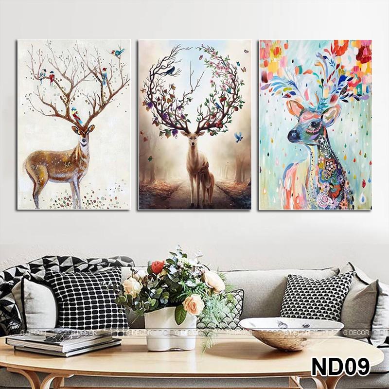 Tranh treo tường CAO CẤP 3 bức phong cách hiện đại Bắc Âu 01, tranh lá trang trí phòng khách, phòng ngủ, phòng ăn