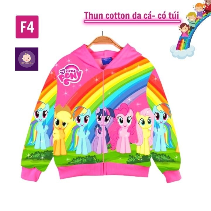 Áo khoác bé gái hình ngựa Pony cầu vồng từ 11-43kg - Chất liệu thun cotton da cá in 3D