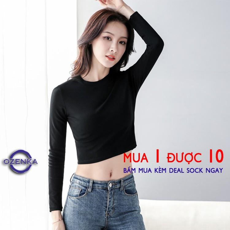 Áo croptop tay dài ôm nữ đen trắng thun gân , áo thun crt body 100% cotton free size 40 đến 53 kg CRT 263