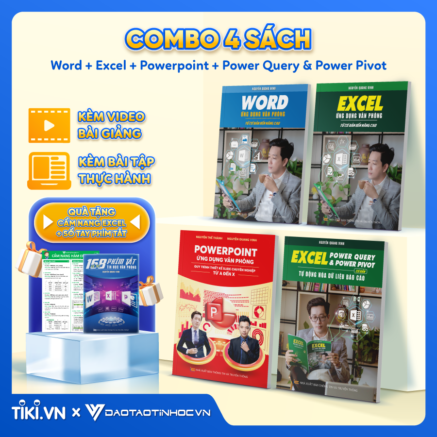 Combo 4 Sách Word -  Excel - Power Point - Power Query &amp; Power Pivot ĐÀO TẠO TIN HỌC Ứng Dụng Văn Phòng Kèm Video Khóa Học