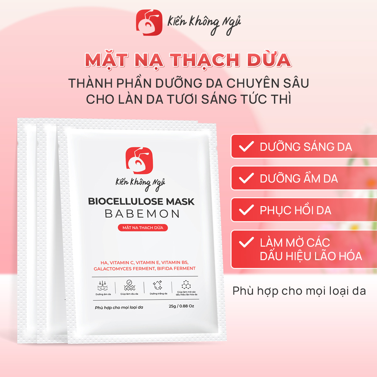 Mặt nạ thạch dừa Biocellulose Mask Babemon dưỡng sáng da, cấp ẩm, phục hồi, làm mờ dấu hiệu lão hóa