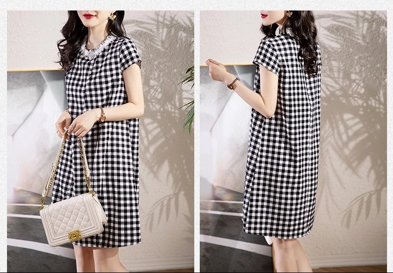 ĐẦM SUÔNG CHỮ A CARO VIỀN REN HOA