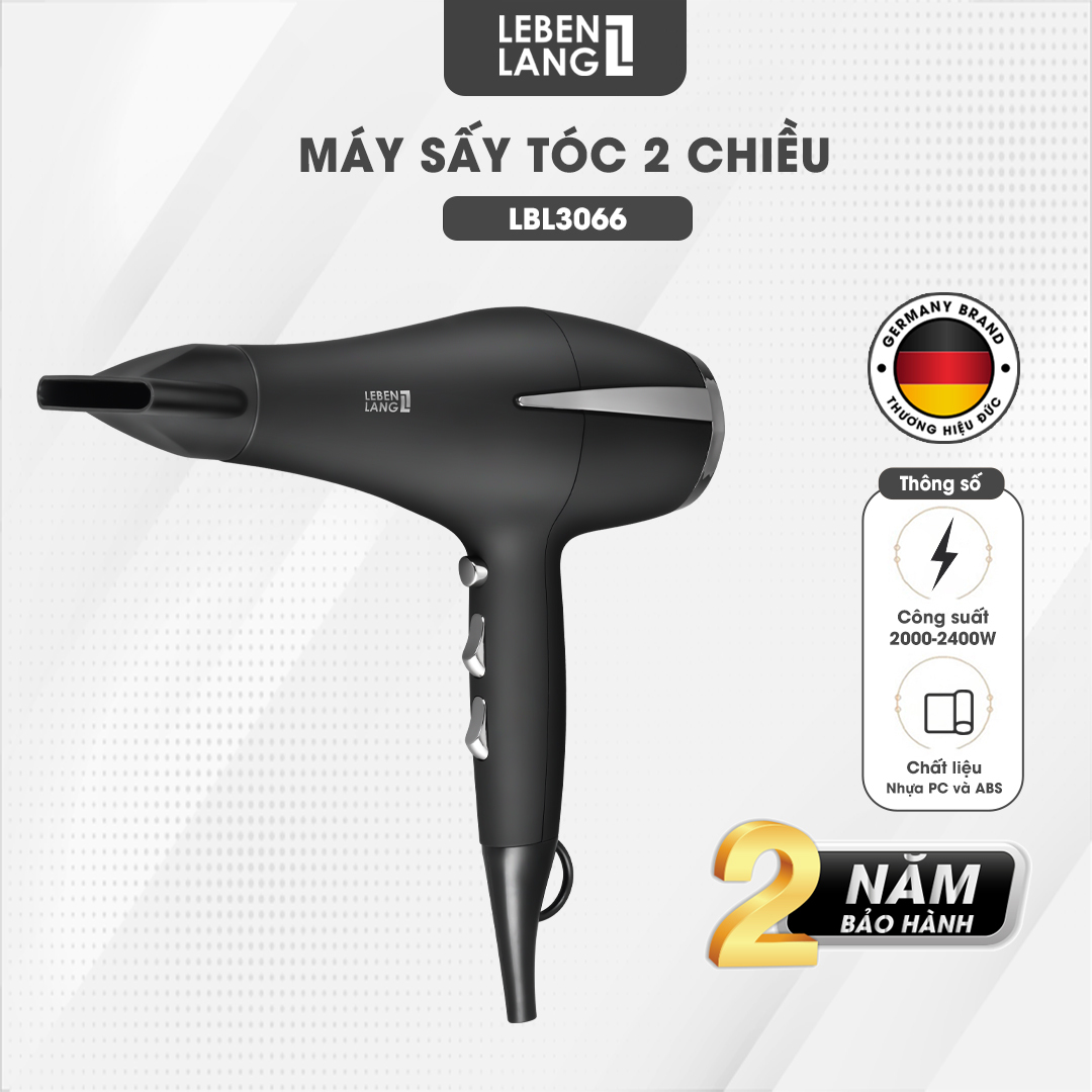 Máy sấy tóc 2 chiều nóng lạnh Lebenlang LBL3066, 2400W, hai đầu sấy cùng công nghệ ion chống xơ rối làm suôn mượt bảo vệ tóc, bảo hành 2 năm - hàng chính hãng